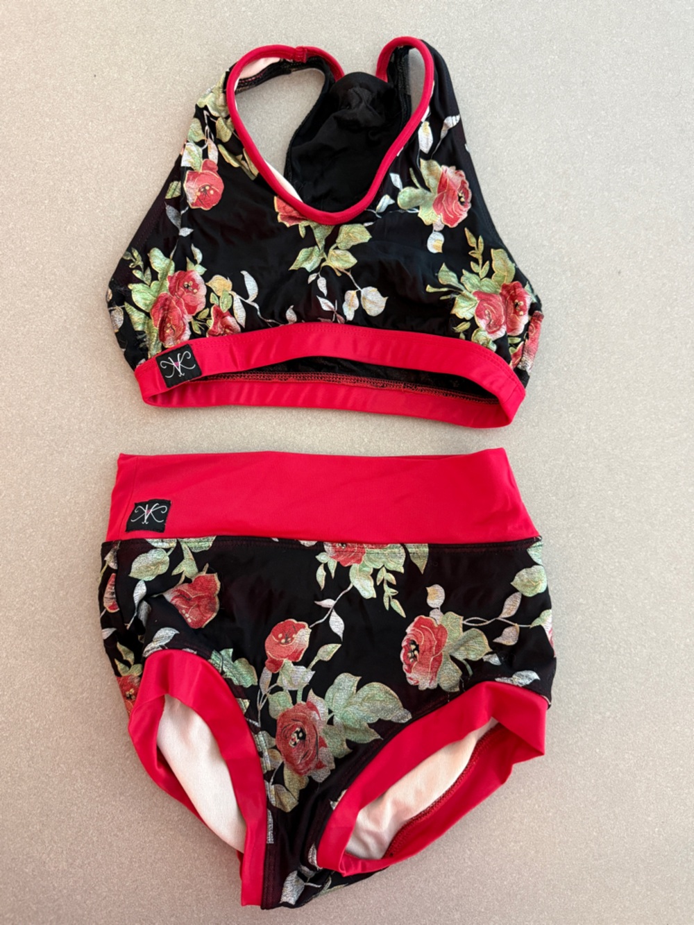 Kandi Kouture Two-Piece Dance Set – Black with Red Trim Rose Print – Adult XS